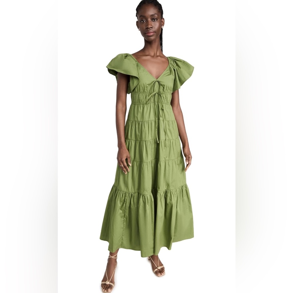 MOON RIVER Women's V-Neck Tie Front Shirred Tiered Ruffle